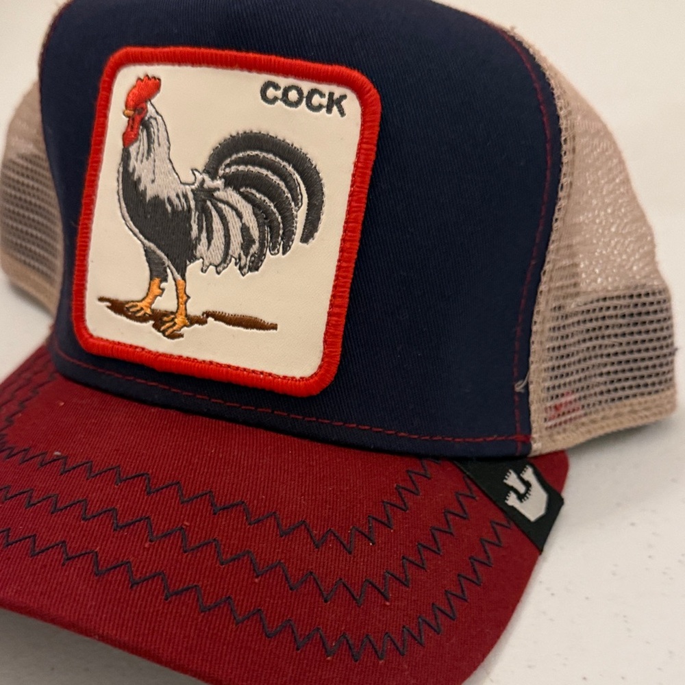 Goorin Bros Navy, Red & Tan Rooster Patch Trucker Hat